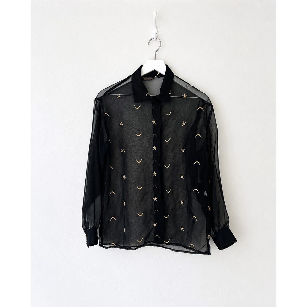 Vintage Baronesa Black Sheer Celestial Moon Star Button Blouse Size 6 Made USA